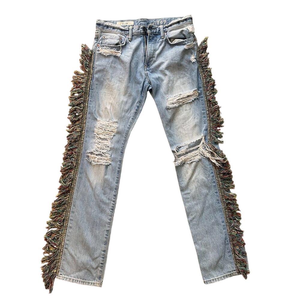 Gap 1969 Alchemist Fringe Jeans 30x32 Multicolor Side Fringe Distressed Rare